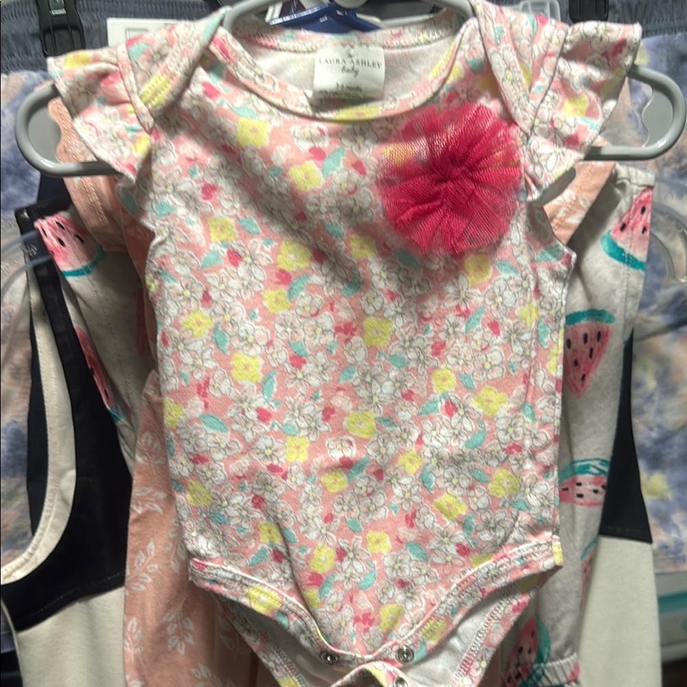 Laura Ashley Pink and Yellow Floral Bodysuit with Ruffle Sleeves